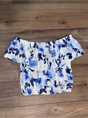 Off-Shoulder Blue Floral Ruffle Crop Top